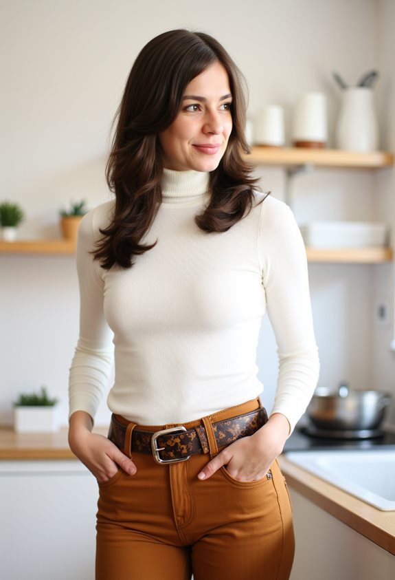 Woman in kitchen wearing white turtleneck and brown pants, standing with a relaxed, thoughtful expression.