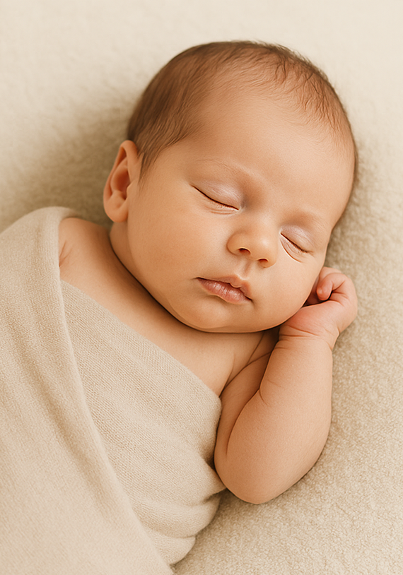 Peaceful sleeping baby wrapped in a soft beige blanket, capturing cute and serene innocence.