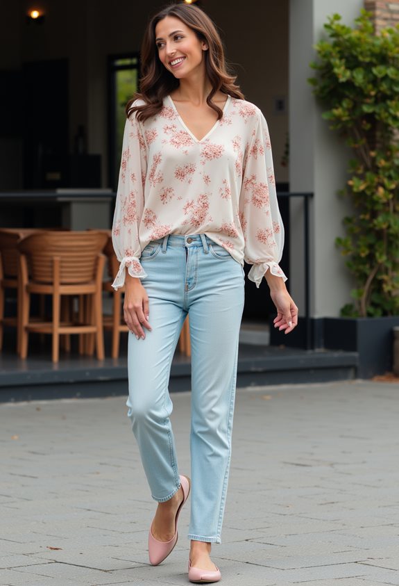 floral blouse jeans flats