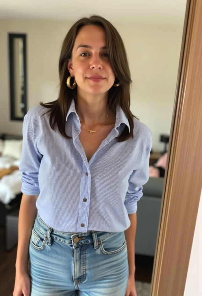 Woman in blue striped shirt and jeans, standing indoors with golden hoop earrings and necklace.
