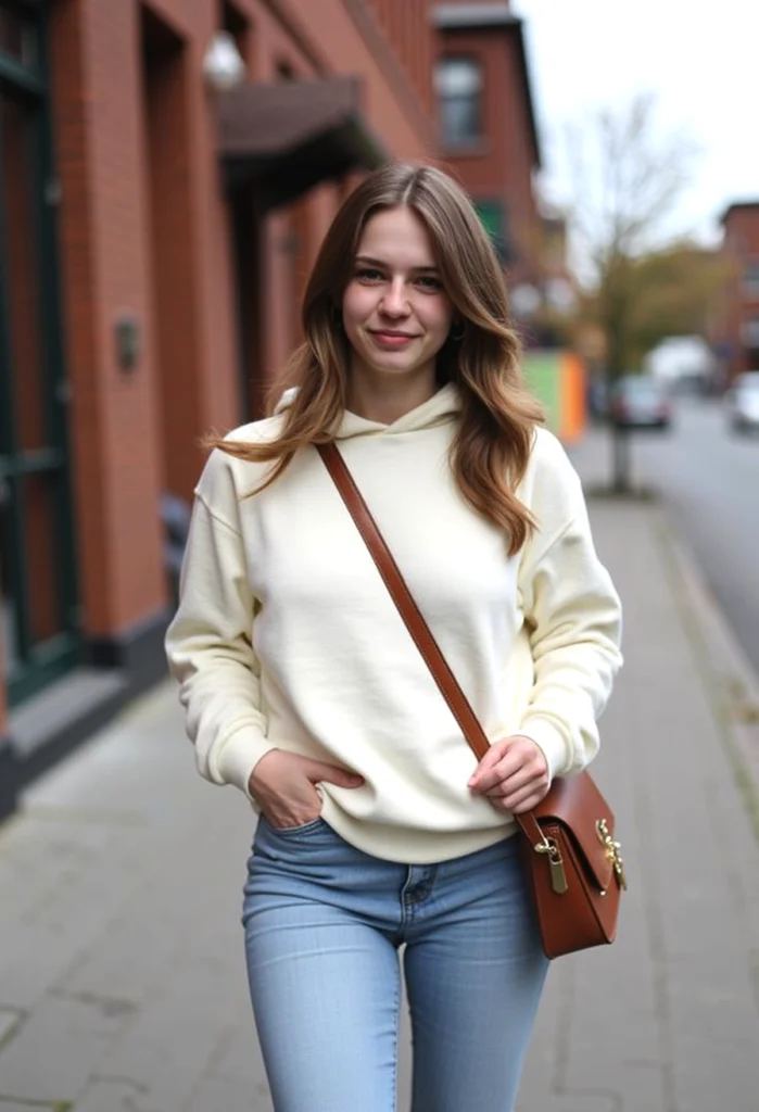 Young woman in white hoodie and jeans walking down city street, smiling gently, carrying a brown crossbody bag.