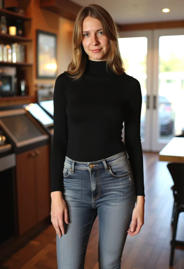 Young woman in a black turtleneck and jeans standing in a cozy modern kitchen.