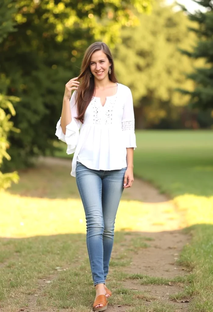 Woman in white blouse and jeans walking on a grassy path in a sunny park.
