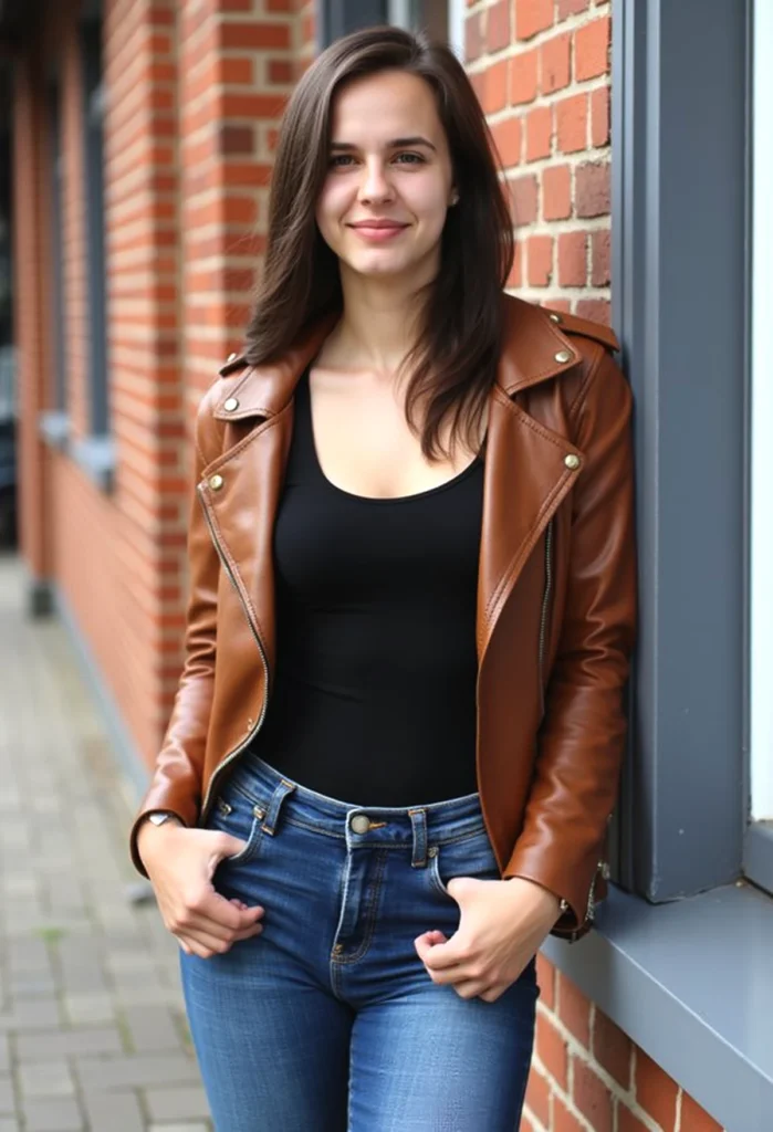 Young woman in a brown leather jacket and jeans smiling against a brick wall. Casual outdoor fashion.