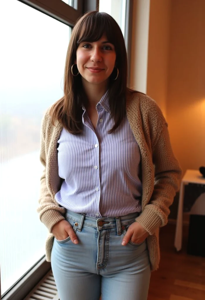 Smiling woman in casual outfit stands by window, wearing striped shirt and cardigan.