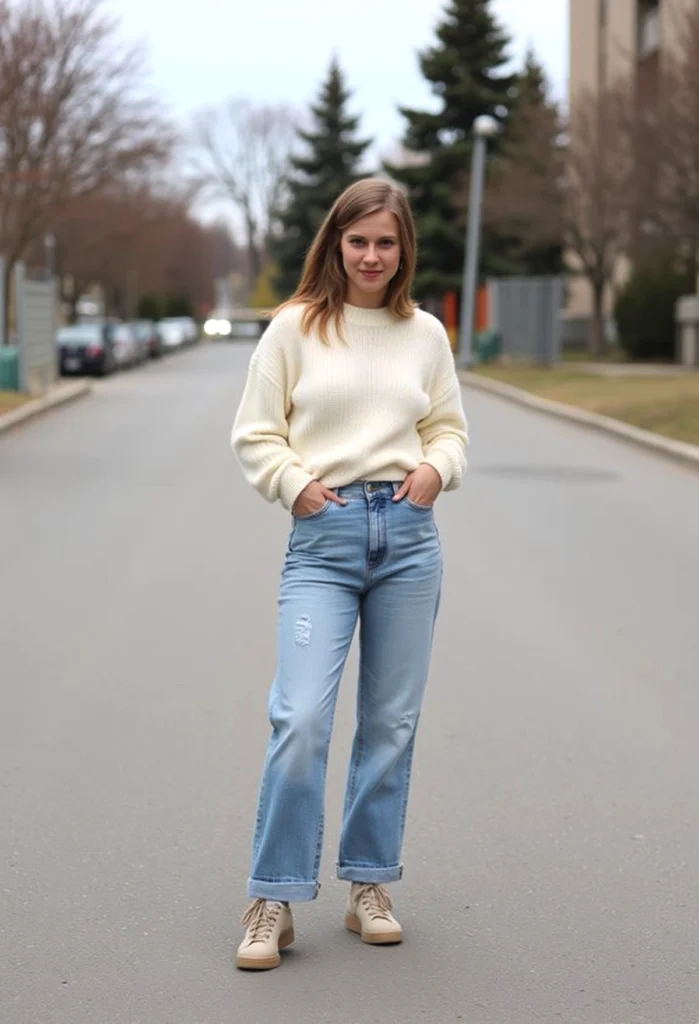 Young woman in a cream sweater and jeans standing confidently on an urban street.
