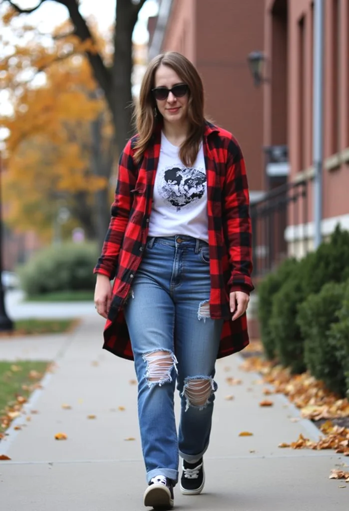 Woman in red plaid shirt and ripped jeans walking on a leaf-strewn sidewalk in autumn.