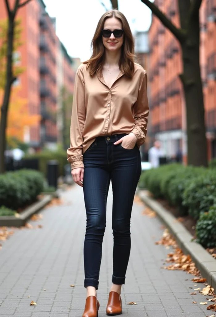 Stylish woman in sunglasses and chic outfit walking down an urban pathway with autumn leaves.