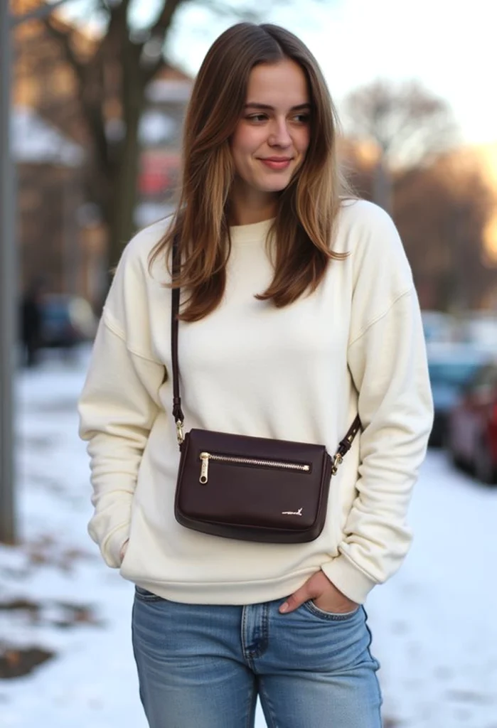 Smiling woman in casual winter outfit with a brown crossbody bag, standing outdoors on a snowy street.