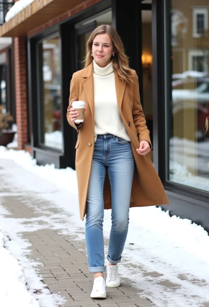 Woman in camel coat and jeans walking on snowy sidewalk, holding coffee.