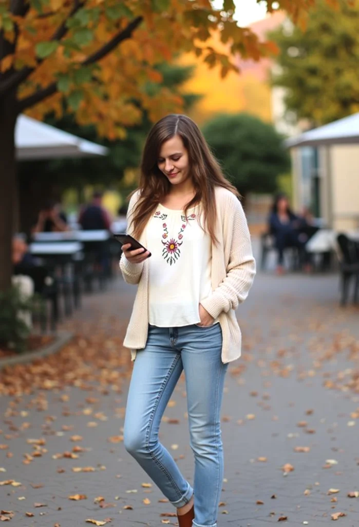 Woman walking outside in autumn, smiling at phone, wearing jeans and a cardigan with fall leaves around.