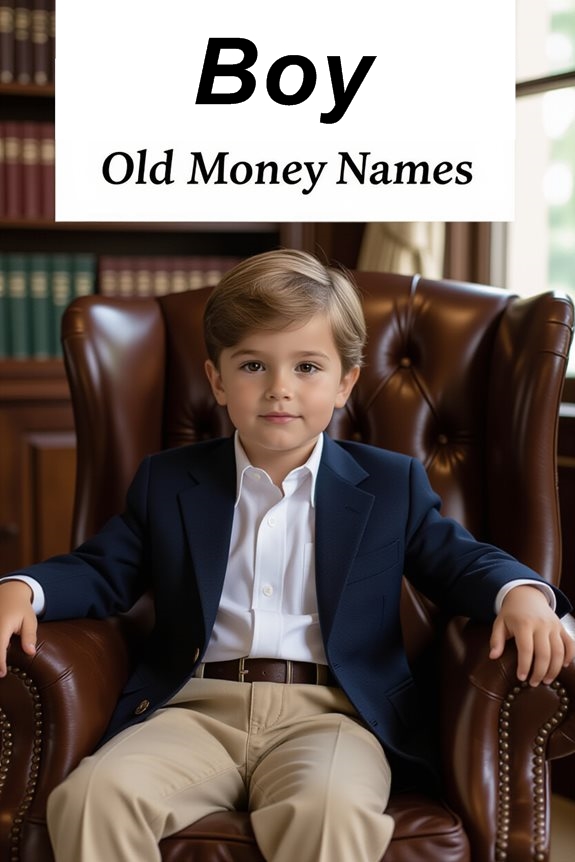 Young boy in suit seated in a leather chair, representing old money style and names.