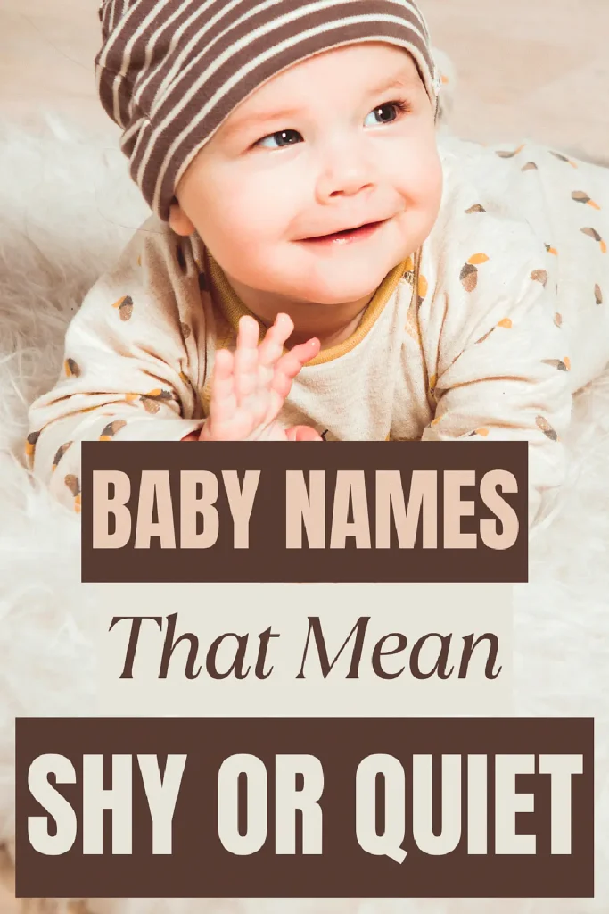 Smiling baby in hat promotes article on baby names meaning shy or quiet.