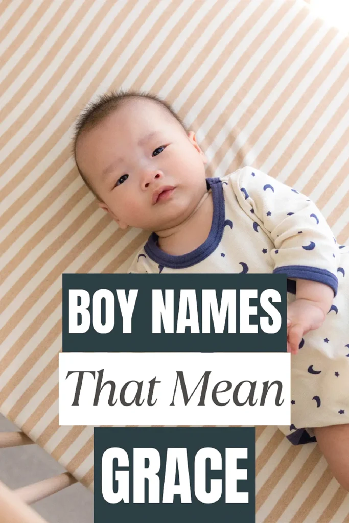 Smiling baby on striped blanket with text Boy Names That Mean Grace overlay.