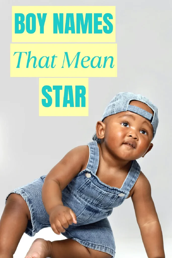 Baby in denim crawling, text overlay: Boy Names That Mean Star.