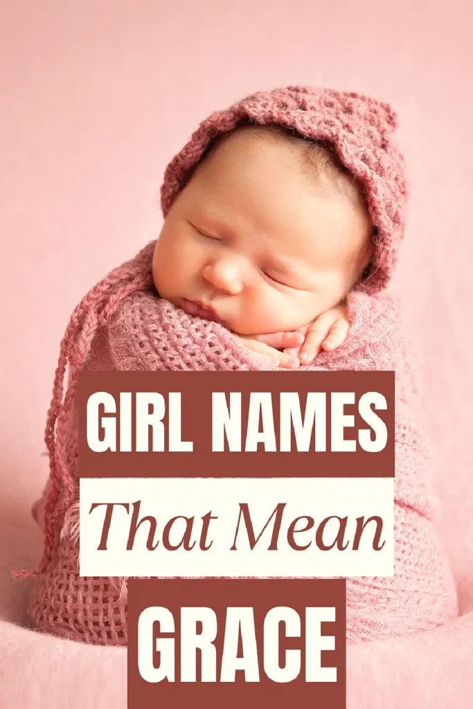Sleeping baby in pink knitwear with text: Girl Names That Mean Grace on a pink background.