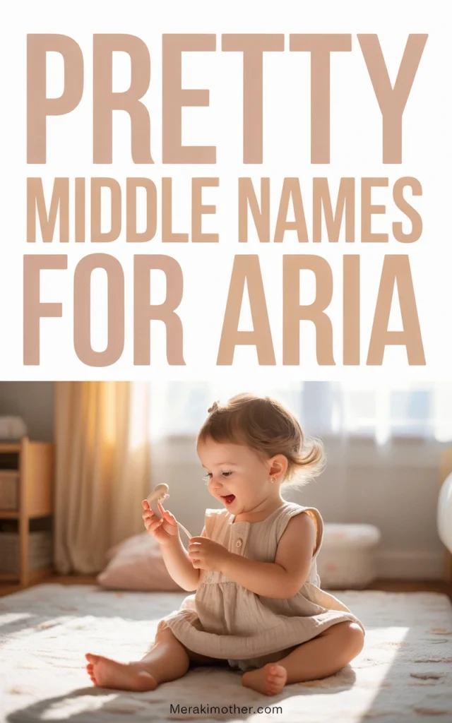 Cute baby girl playing on a rug, with the text Pretty Middle Names for Aria in the background. Ideal for name inspiration.