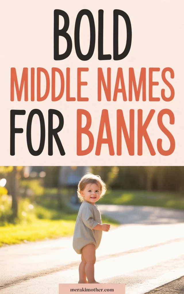 Playful toddler smiling on a sunny path, with text about bold middle names for Banks above.