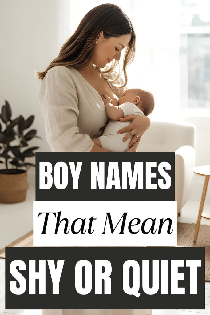 Mother holding baby, text overlay: Boy Names That Mean Shy or Quiet.