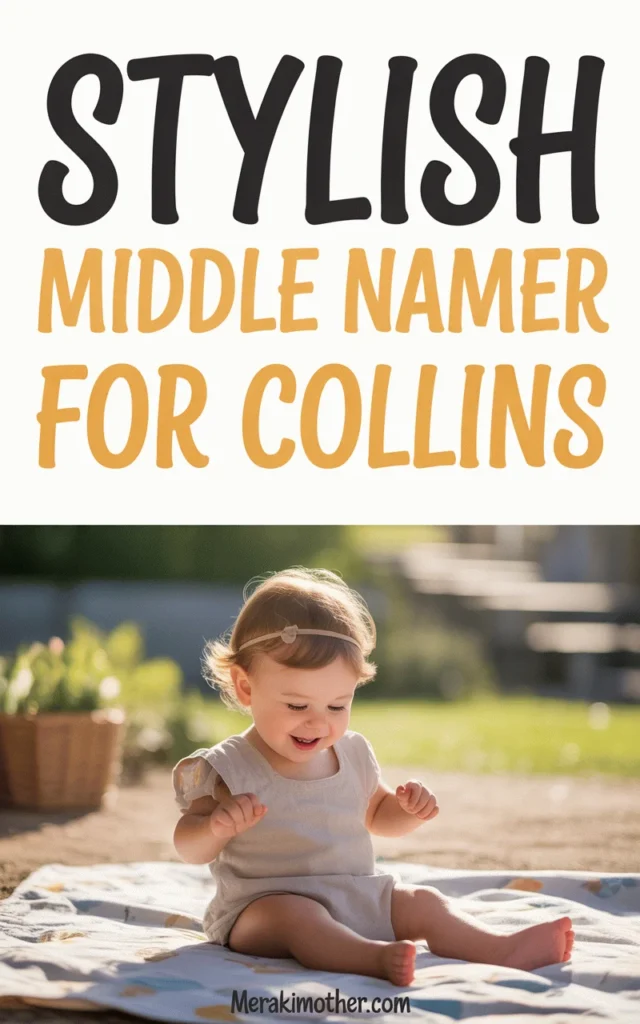 Happy toddler playing outdoors on a blanket, promoting stylish middle names for Collins. Bright, cheerful setting.