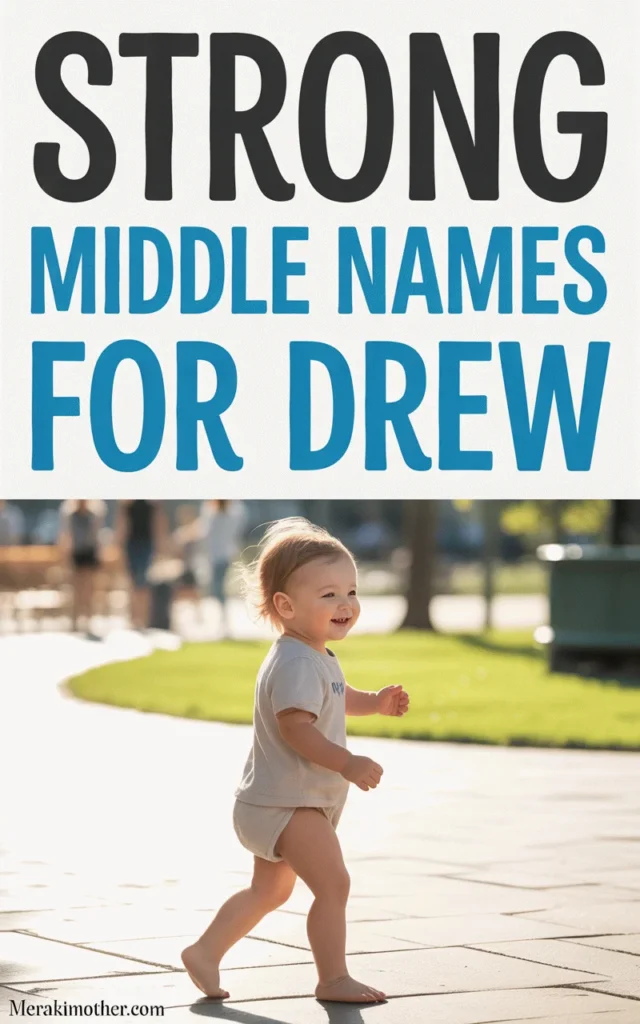 Cheerful toddler running outside, with text overlay: Strong Middle Names for Drew, on a sunny day.