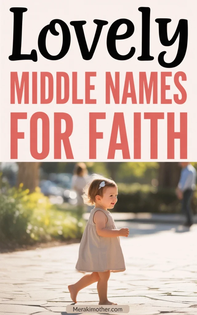 A joyful toddler in a beige dress walking outdoors, paired with a guide to lovely middle names for Faith.