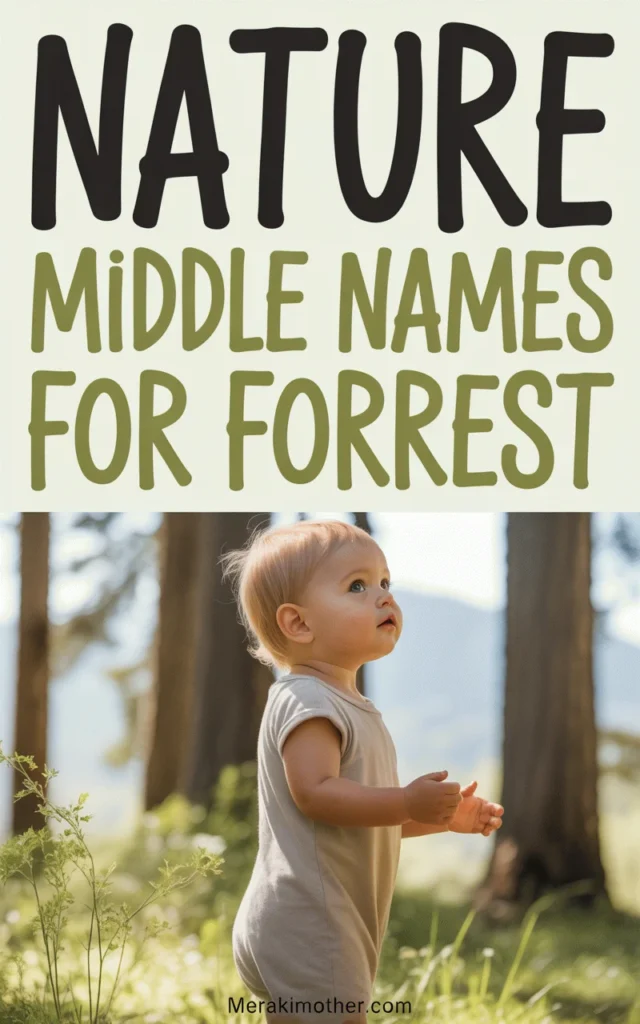 Young child exploring nature, surrounded by trees, with text 'Nature Middle Names for Forrest' above.