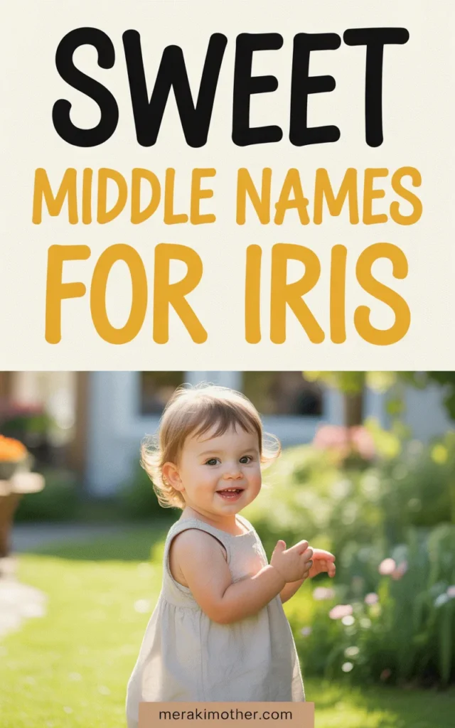 A happy toddler in a garden showcases sweet middle names for Iris, perfect for parents seeking inspiration.
