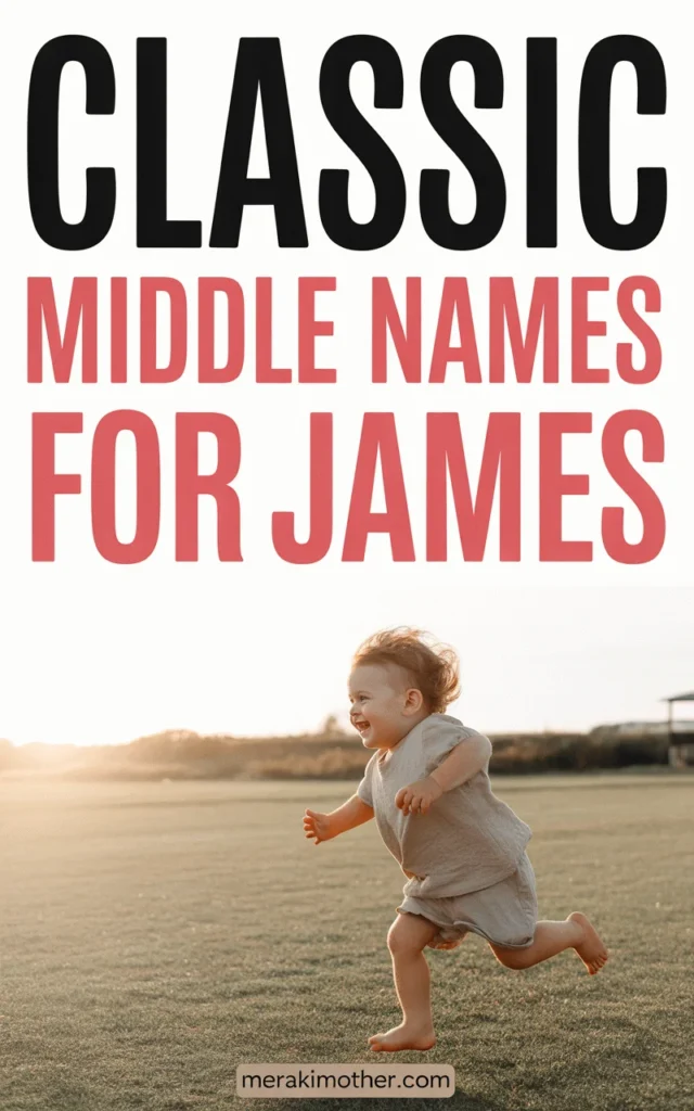Smiling toddler running on grass, with text about classic middle names for James. Ideal for parenting inspiration.