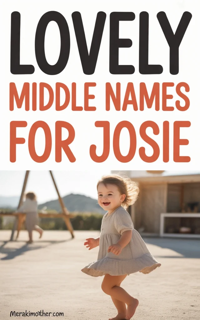 Happy child in a gray dress spinning joyfully outdoors with text Lovely middle names for Josie above her.