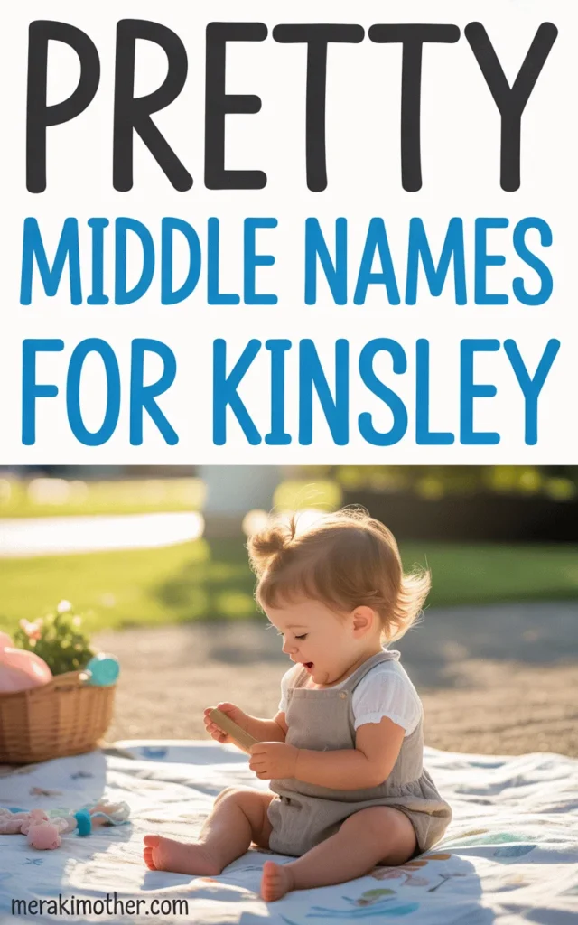 Happy baby girl playing on a blanket surrounded by toys, with a focus on selecting middle names for Kinsley.