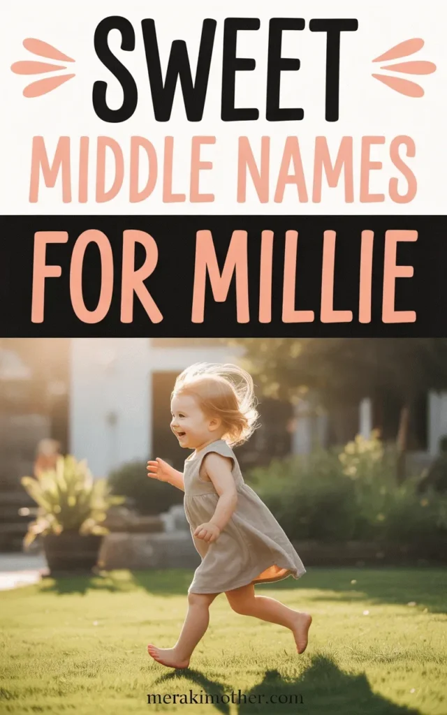 Happy toddler running on green grass with text overlay: Sweet Middle Names for Millie from Meraki Mother.