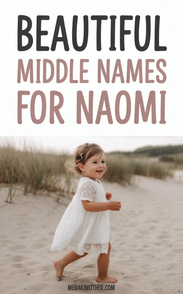 Smiling toddler in a white dress playing on sandy beach, promoting beautiful middle names for Naomi.