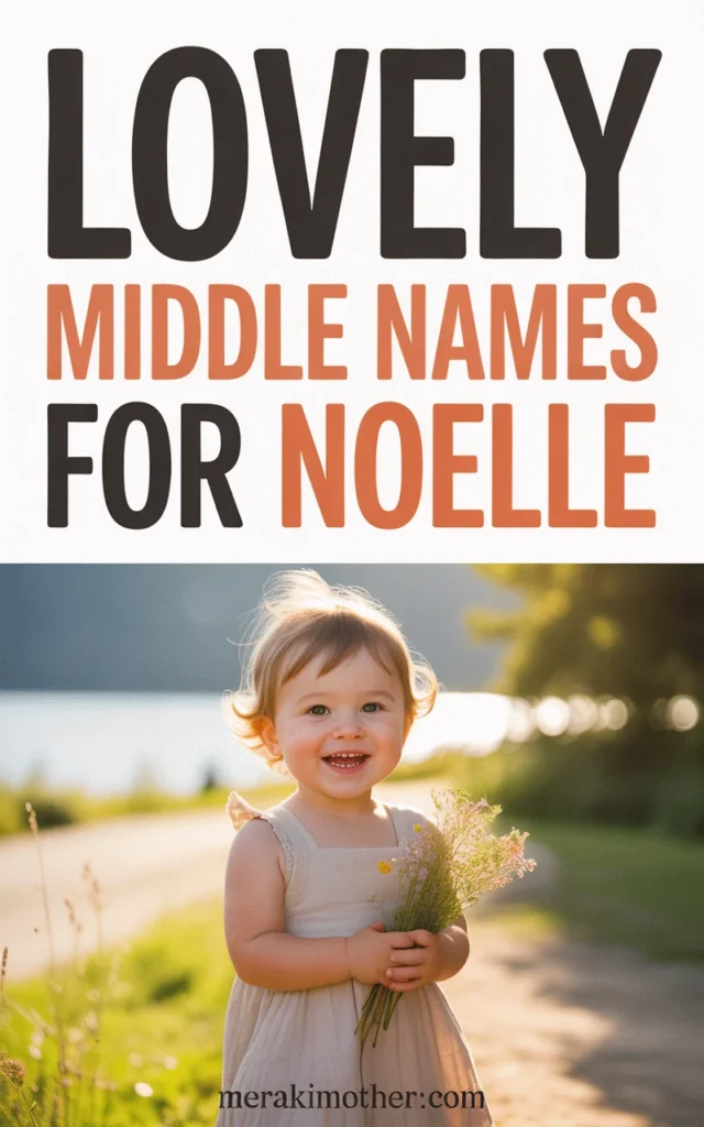 Happy toddler holding flowers with text about lovely middle names for Noelle. Charming outdoor setting.