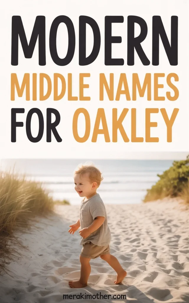 Cheerful toddler playing in soft sand, featured in Modern Middle Names for Oakley on merakimother.com.