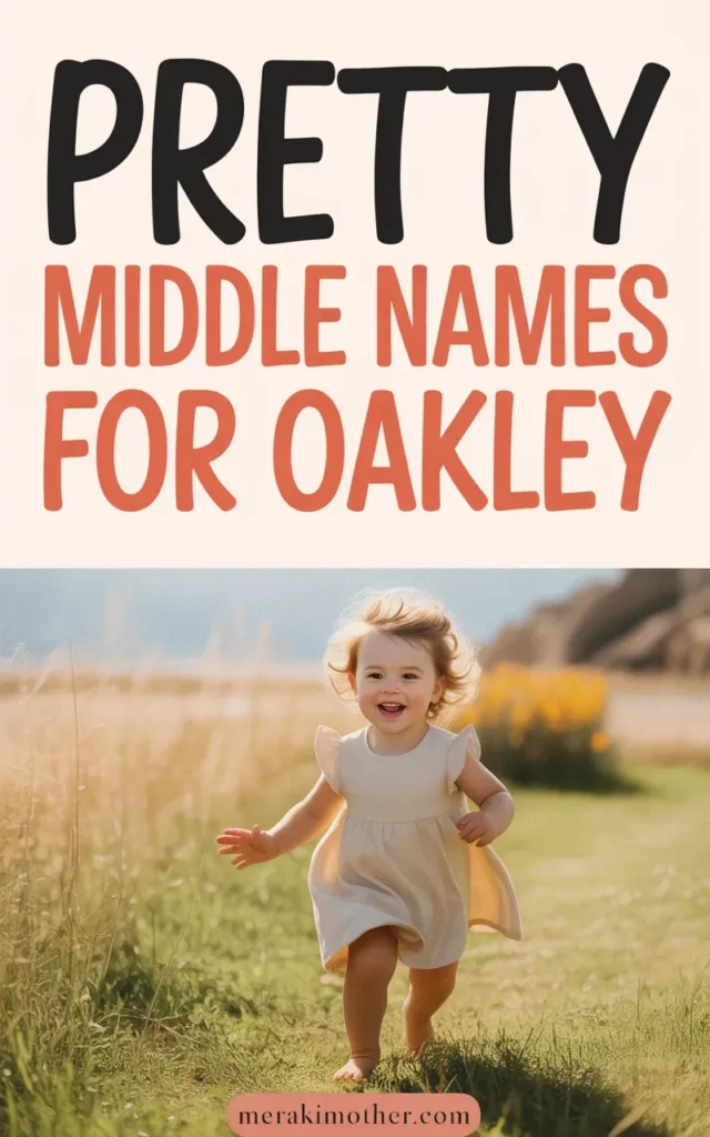 Happy toddler running through a field; article about pretty middle names for Oakley. Bright and cheerful atmosphere.