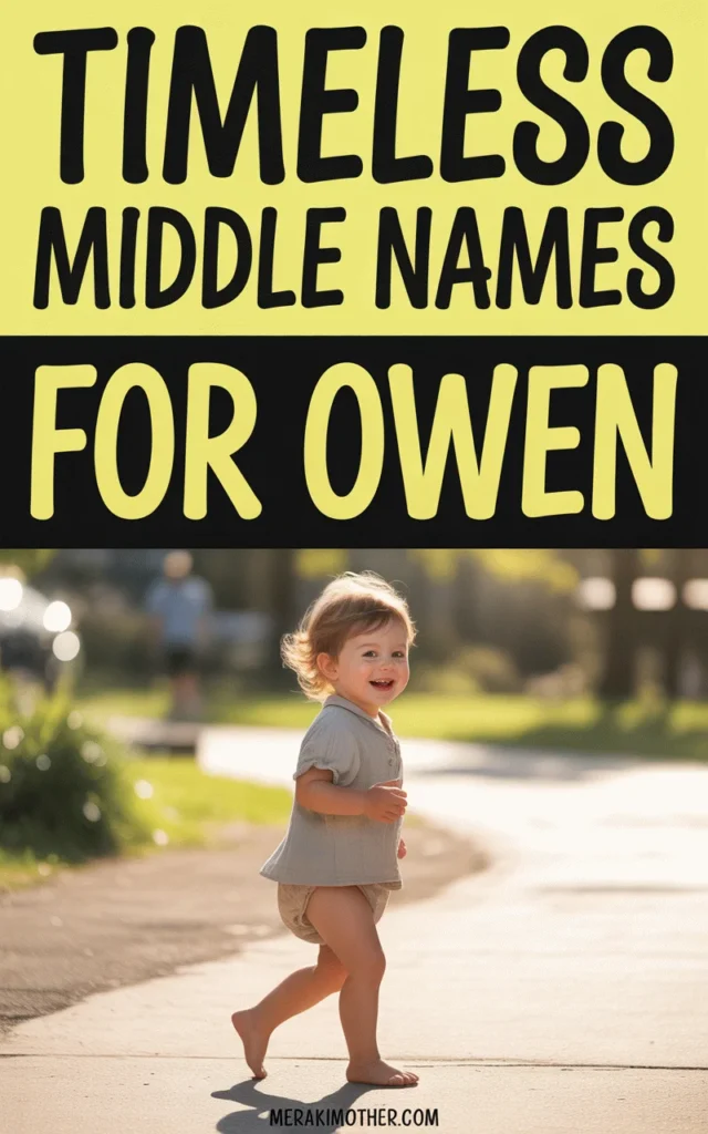 Smiling toddler running outside, highlighting timeless middle names for Owen in bold yellow text.
