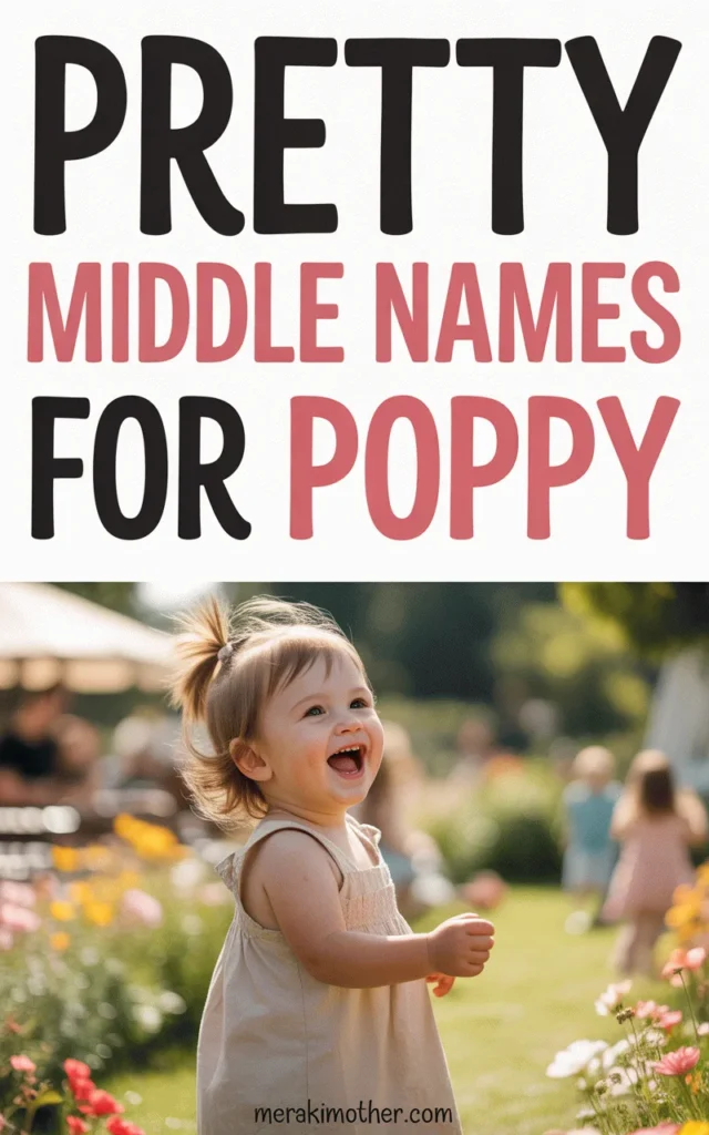 Smiling toddler in a garden with text about pretty middle names for Poppy. Perfect for family and baby name inspiration.