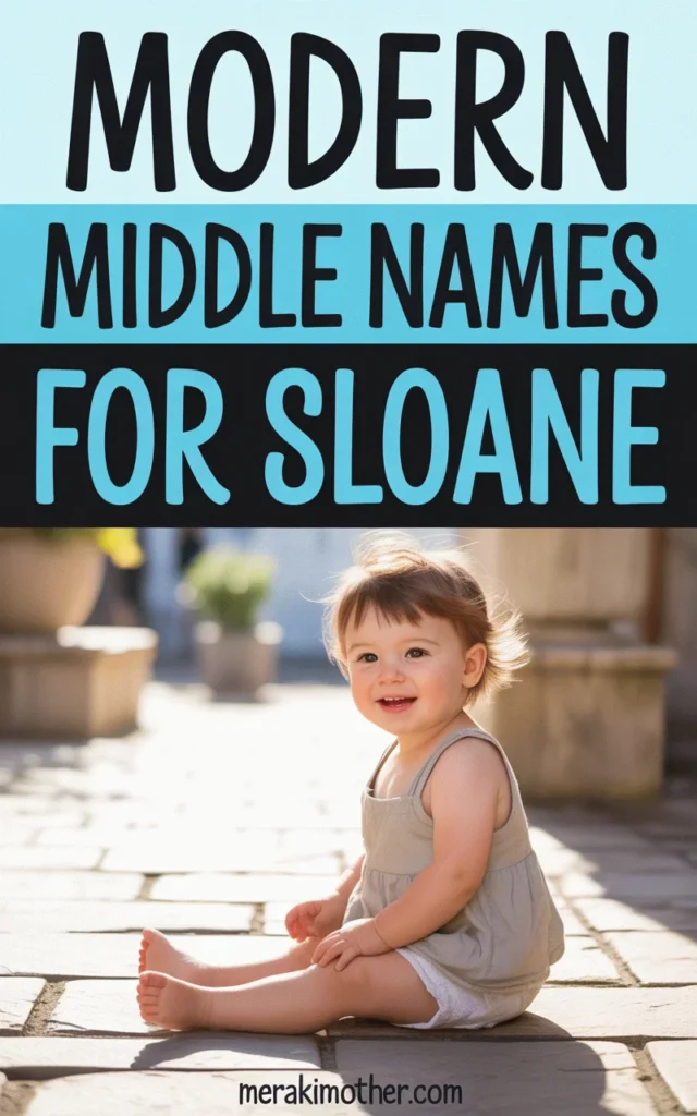 Cheerful toddler sitting outdoors, with text overlay about modern middle names for Sloane, capturing playful parenting vibes.