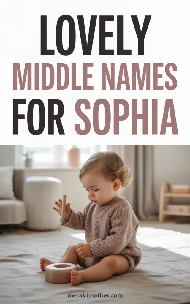 Cute toddler playing with a wooden toy, featured in a guide about lovely middle names for Sophia.