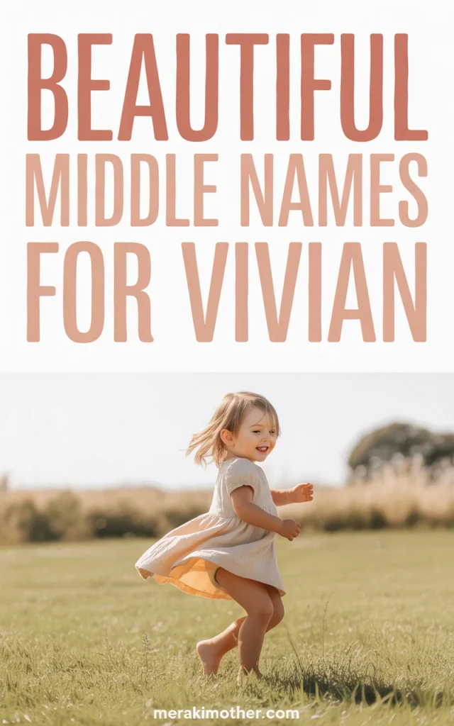 A joyful young girl in a white dress running on a sunny day, featuring text about beautiful middle names for Vivian.
