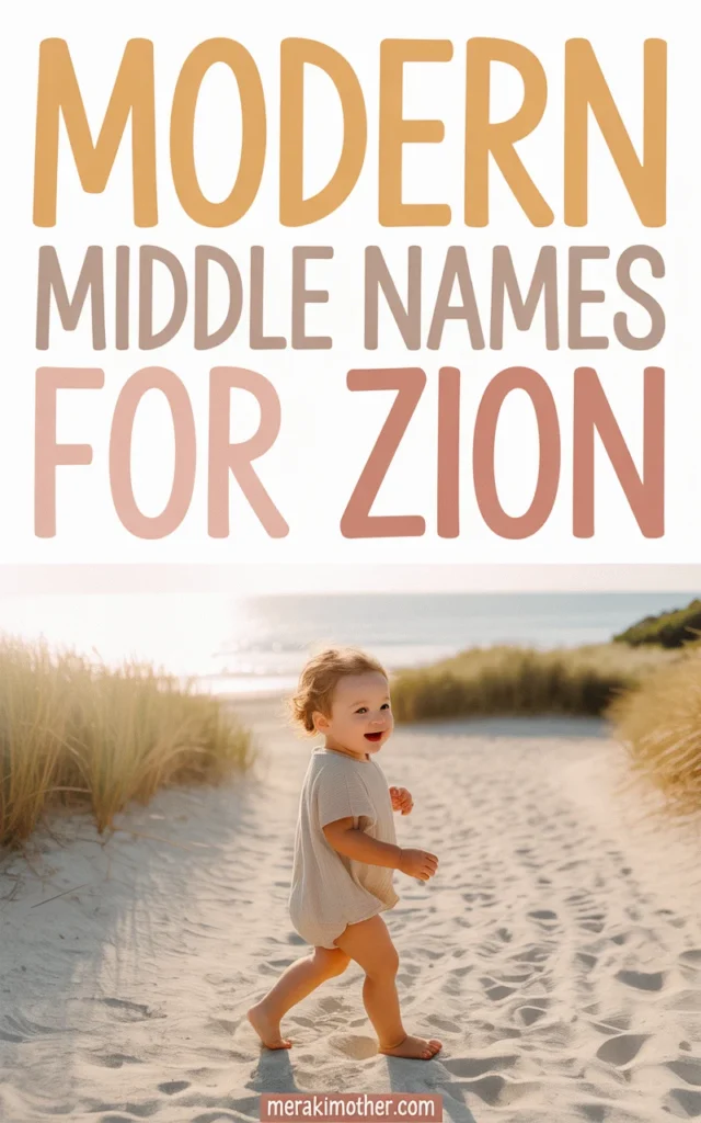 A joyful child runs on a sandy beach with greenery, showcasing modern middle names for Zion. Perfect for parents!