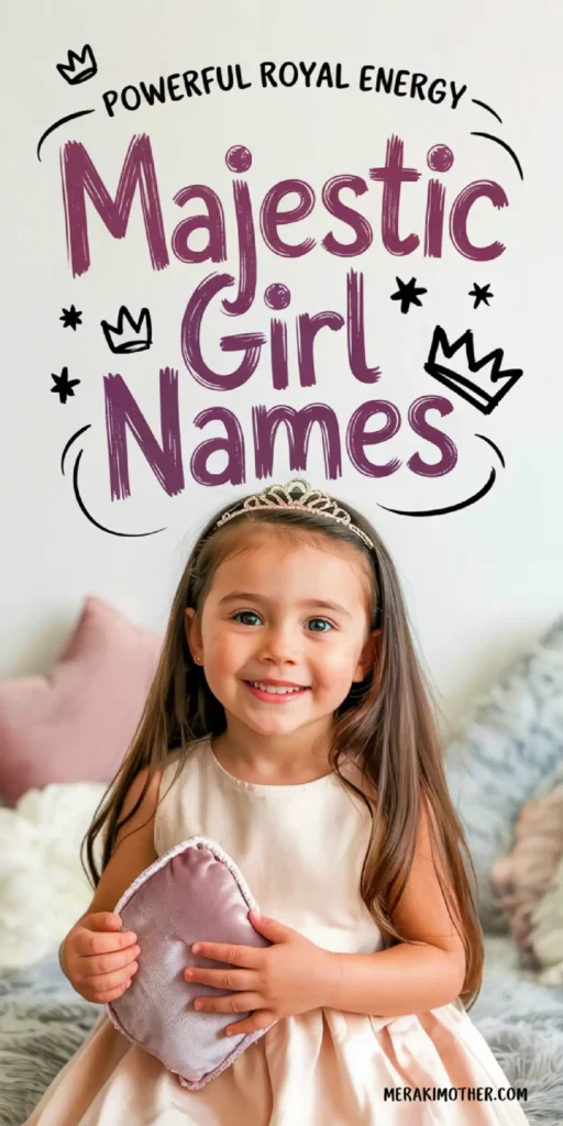 A smiling girl in a crown holds a pillow, surrounded by soft decor, showcasing the theme of majestic girl names.