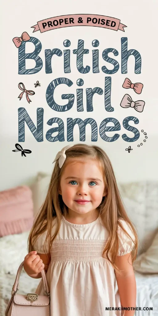 A cheerful little girl holds a purse in front of text reading Proper & Poised British Girl Names.