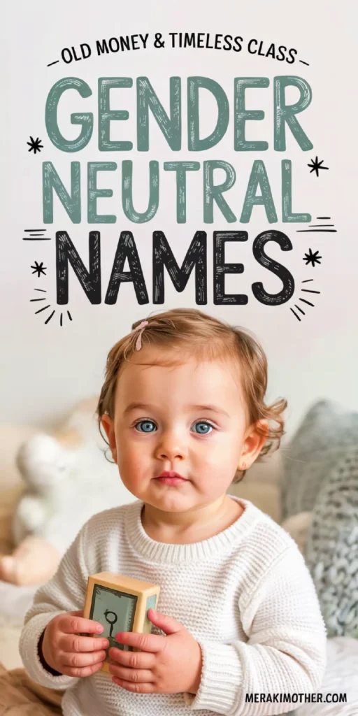 A toddler in a cozy sweater holds a block, surrounded by a soft, playful environment, embodying gender-neutral themes.