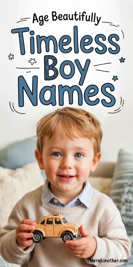 Smiling boy holding a toy car, featuring Timeless Boy Names text above him, celebrating youthful innocence.