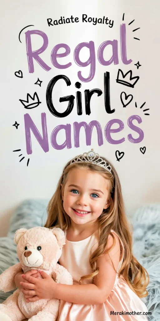 Smiling girl in a crown holding a teddy bear, featuring the title 'Regal Girl Names' in playful typography.