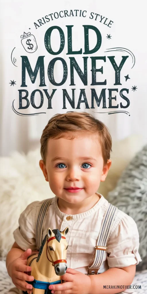 Smiling toddler holding a toy horse, with text about aristocratic old money boy names in the background.