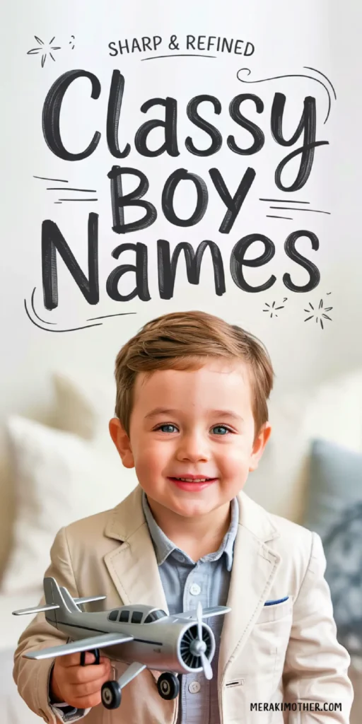 Smiling boy in a classy suit holding a toy airplane, with text promoting sharp and refined classy boy names.