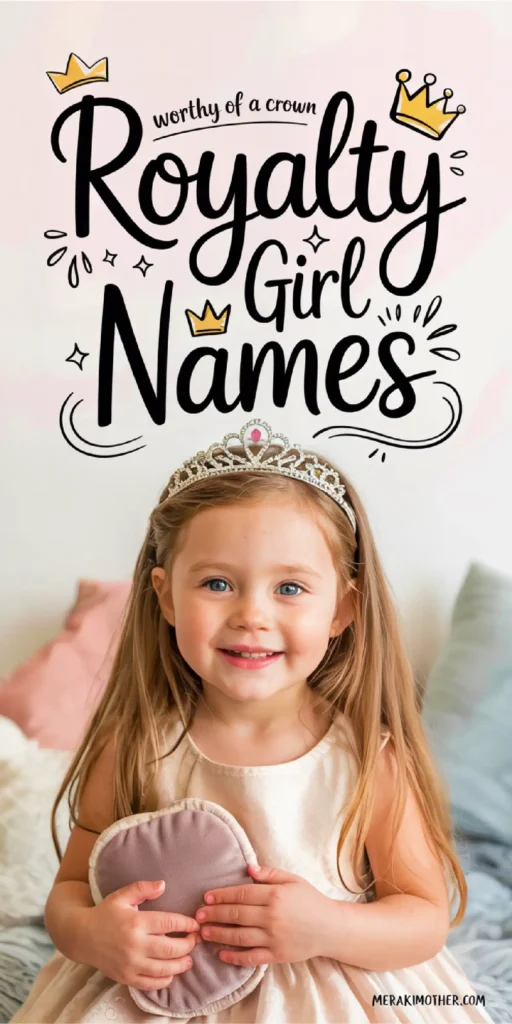 A smiling girl in a crown holds a plush pillow, surrounded by soft decor and the text Royalty Girl Names.
